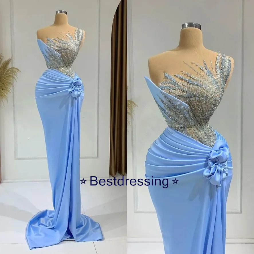 Luxury Baby Blue Beaded Prom Dresses 2025 Mermaid Formal Long Evening Dress With Slit Handmade Flowers Speacial Occasion Party Women Vestido De Fies