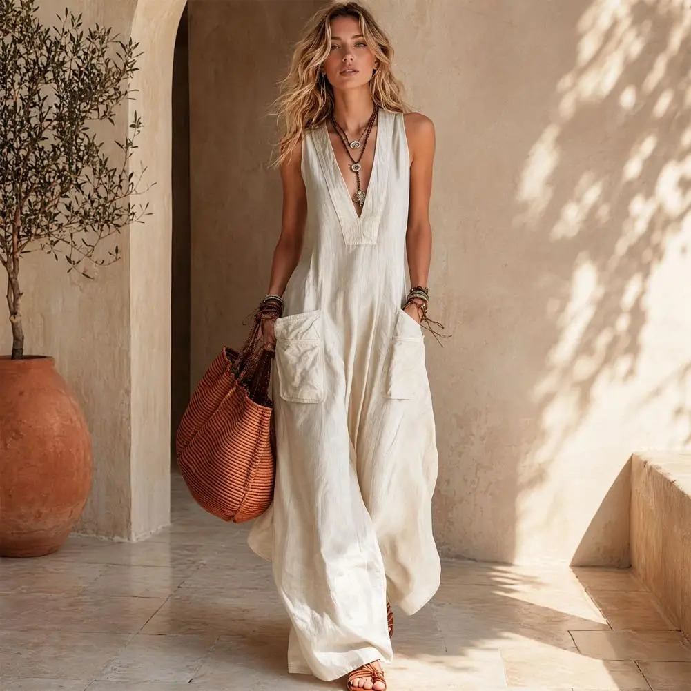 Summer Sleeveless Cotton Linen Jumpsuit Women V Neck Loose Wide Leg Pants Double Pocket Casual Commuting Bodysuits 260625