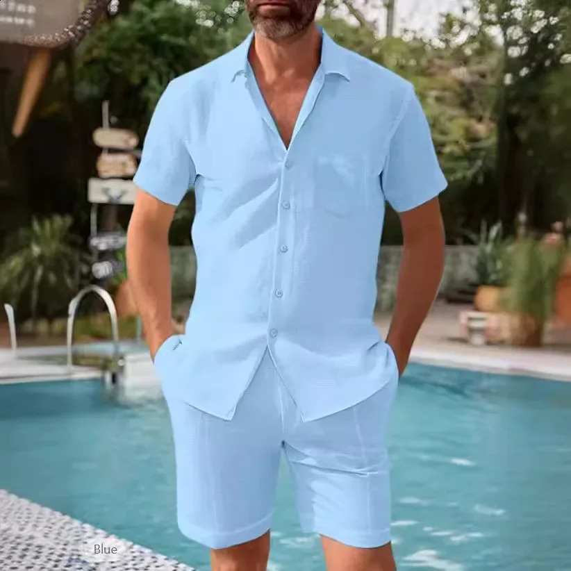 Of The Season Mens Short Sleeve Shirt Set Summer Loose Casual Cotton Linen Material Open Cardigan Comfortabl 260615