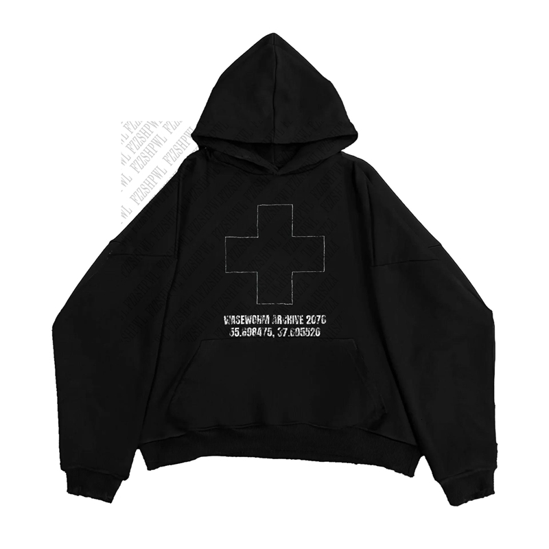 Y2K American style retro Fashionable Gothic Sweatshirt Cross print Personality Pullover Casual Punk High Street Winter Hooded 260624