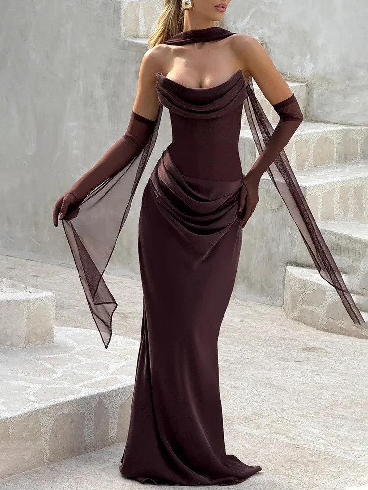 Suninbox Off-shoulder Backless Sexy Maxi Dress Women Gown Elegant Scarf Collar Strapless Sleeveless Bodycon Club Party Dresses 260624