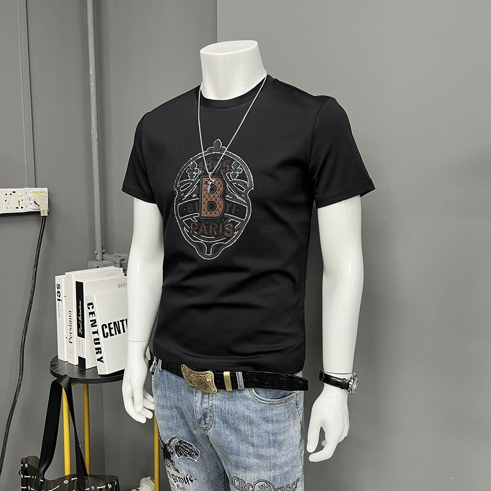 Men's Outdoor Recreation Jacquard T-Shirt, Black 100% Cotton Short-Sleeve Crewneck Tee with Printed B-Letter Graphic, Regular-Fit European-Inspired