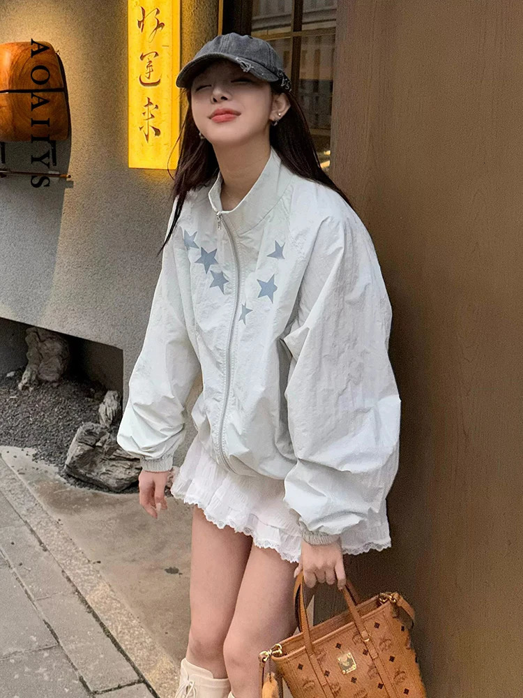 Aoaiiys Thin Jacket Womens Star Print Loose Windbreaker Sun Protection Summer Jacket Stand Collar Y2K Streetwear Outerwear Coat 260622
