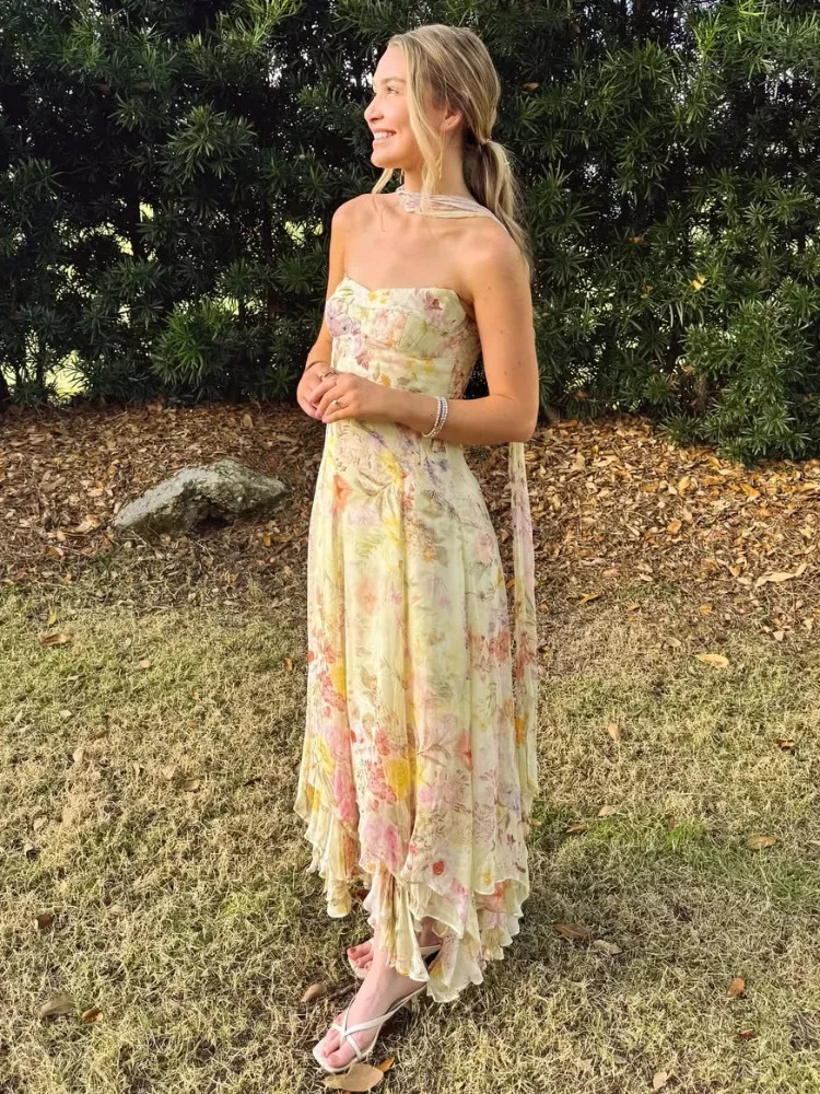 Sexy Strapless Printed Dress Women Fashion Scarf Collar Sleeveless Backless High Waist Maxi Dresses Lady Vacation Robes 260624
