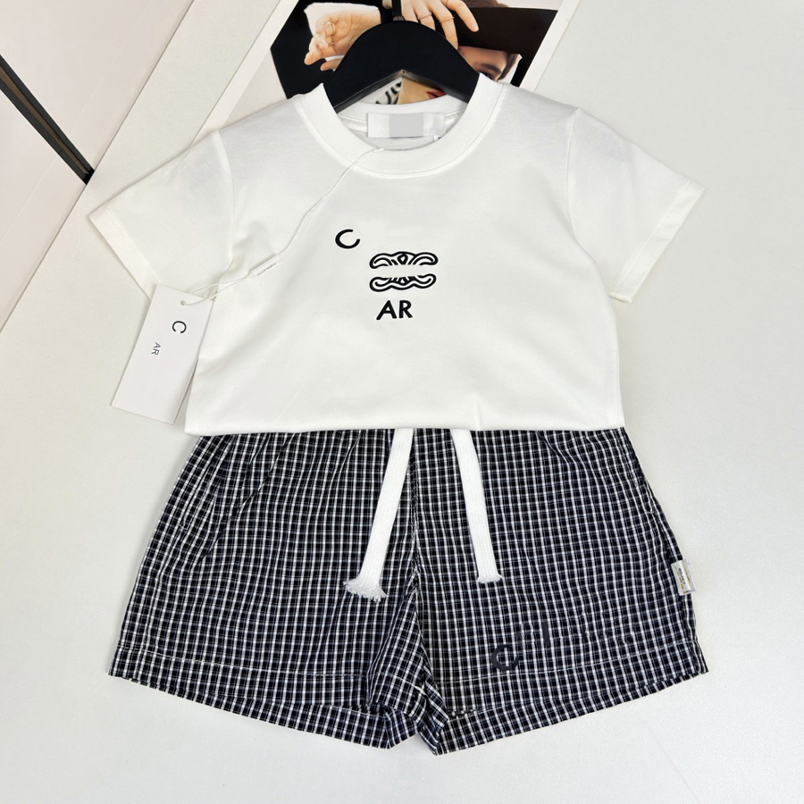 Designer Toddler Clothes for Boys Girls Unisex Summer Outfit Set Kids Infant Cotton Short Sleeve T Shirt and Striped Drawstring Shorts Clothing Set