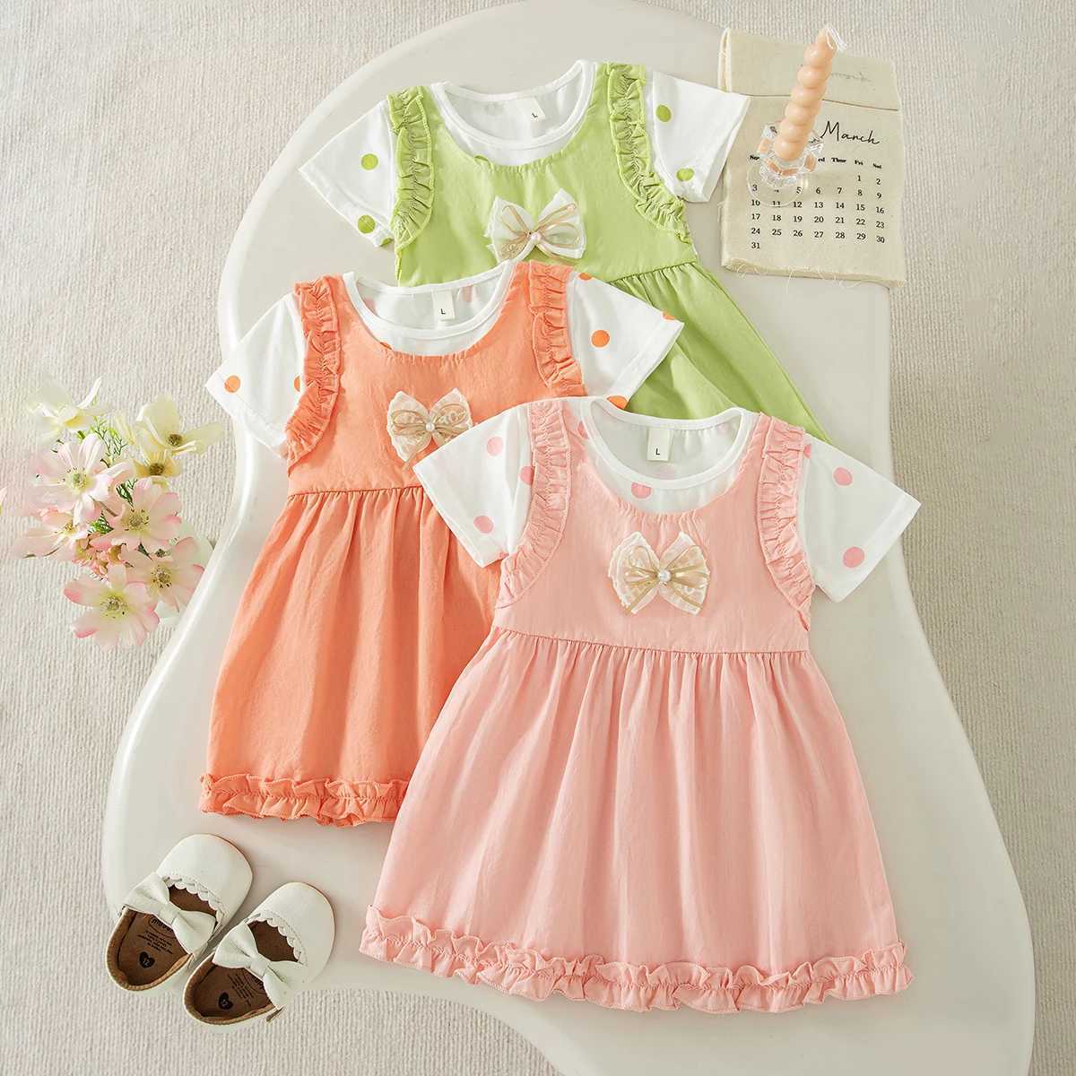 Cotton Dress for Baby Girl 0-2 Years Old Pink Polka Dot Bow Short Sleeved Dress Girls Summer Casual Wear Y260625C1E1