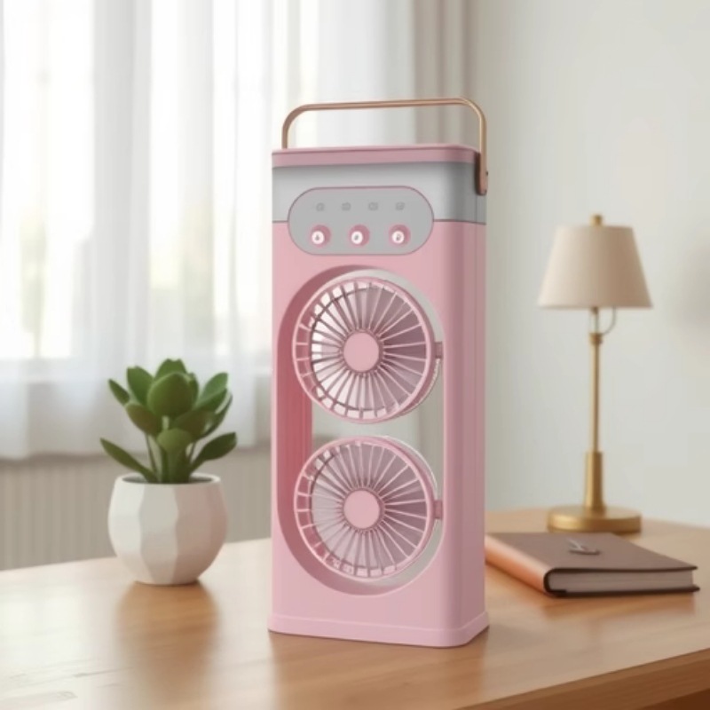 Dual Head Mist Humidify Circulation Desk Fan 3 Speed Ambient Light Portable Cooling Fan-image-1112119300