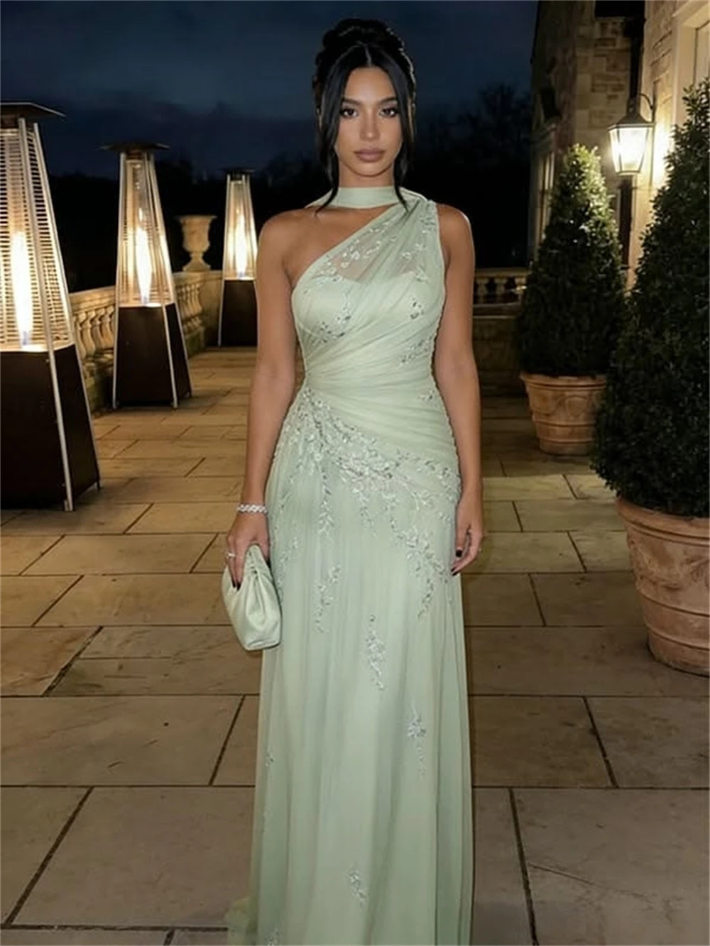 Elegant Sage Chiffon Prom Pageant Dress One Shoulder Floral Embroidery Lace Birthday Evening Formal Party Gowns Engagement vestidos de noche