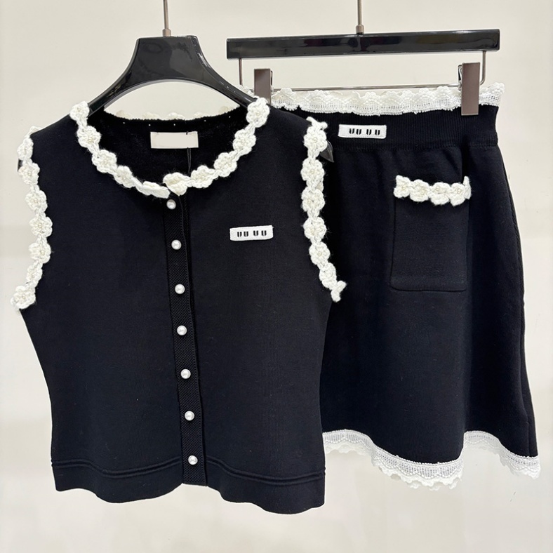 Elegant Luxury Princess Skirt Set Women Lace Piping Buttons Black Tanks Mid Waist Pockets Charming Nightclub Skirts