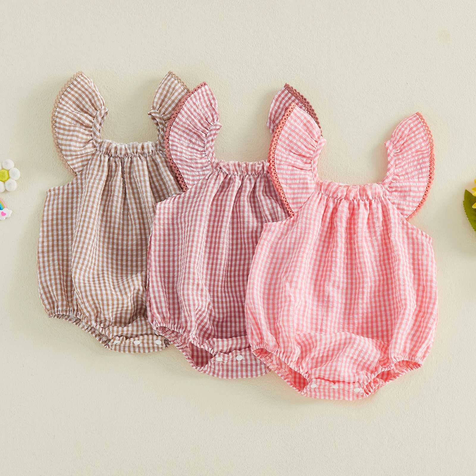 0-18M Newborn Baby Girl Plaid Bubble Romper Flying Sleeve Square Neck Gingham Jumpsuit Cute Summer Clothes Y260625KQXZ