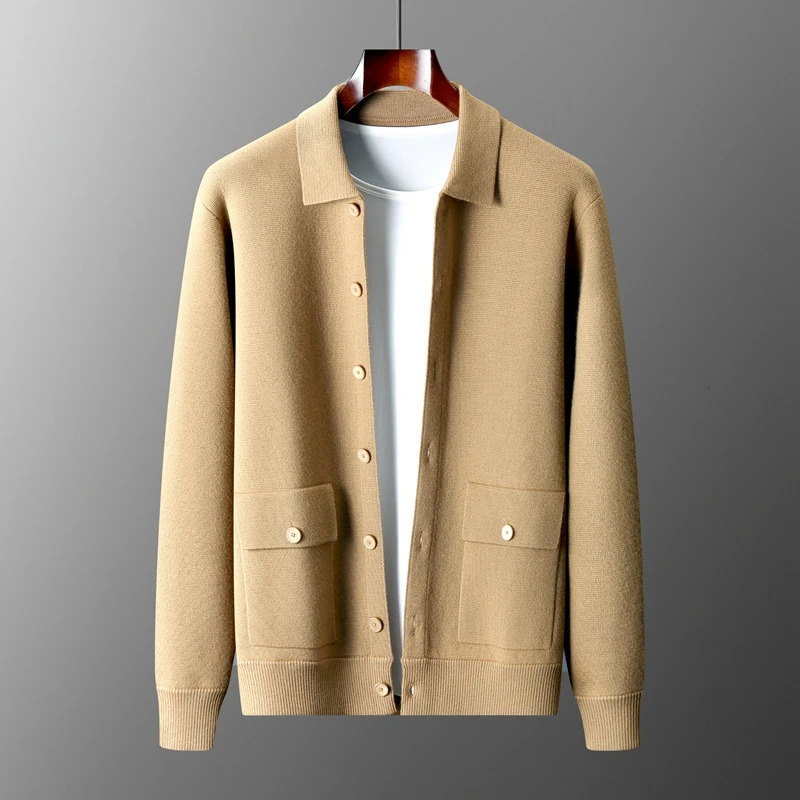 Autumn And Winter 100 Cashmere Cardigan Mens POLO Collar Coat Knitted Baseball Uniform Jacket Bottoming Wool Sweater 260624