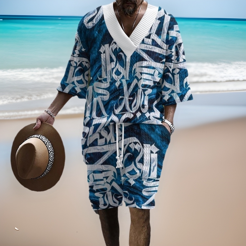 2024 New Cross-Border Graffiti Print Men's Three-Quarter Sleeve Short-Sleeve Shorts Oversize Drop-Shoulder Casual Suit