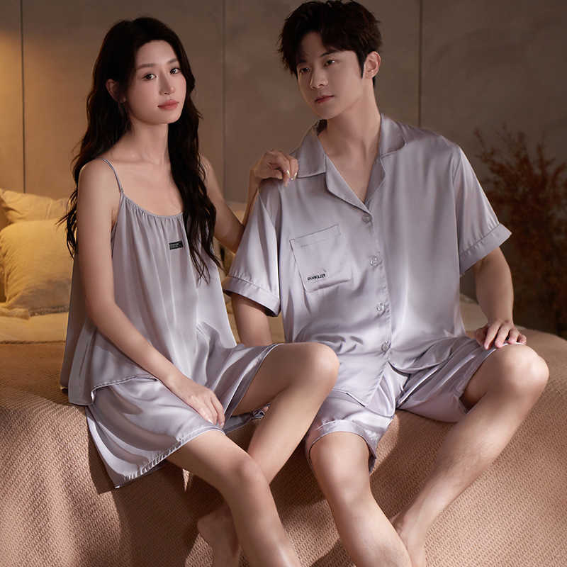 Homewear Women and Men matching for Summer Ice Silk Cool Pajamas Set Cardigan Male Pjs Female Sexy Sling Sleeping Top Couple M260625