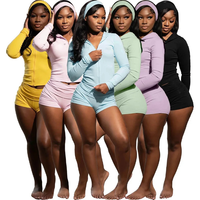 Pant Set Women 3 Piece Sets Shorts Hooded Zipper Full Sleeve Tops Short Pants High Waist Y2k Streetwear Elegant Summer 260624