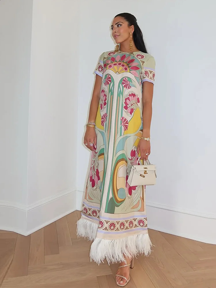 Women Art Floral Print Feather Hem Maxi Dress Short Sleeve Crew Neck Loose Fit Dresses 2026 Summer Fashion Elegant Lady Outwear 260625