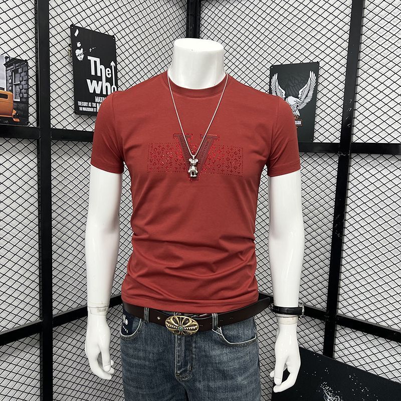 Men's Rhinestone T-Shirt, 100% Cotton Short-Sleeve Round Neck Tee, Slim Fit Outdoor Recreation Shirt with Rhinestone Lettering for Summer Hiking, Ca