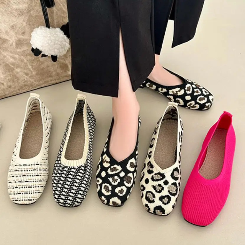 Leopard Color Square Toe Knitted Loafers Women Leisure Flat Shoes Soft Bottom Shallow Ballet Flats Casual Slip on Boat Shoes 260624