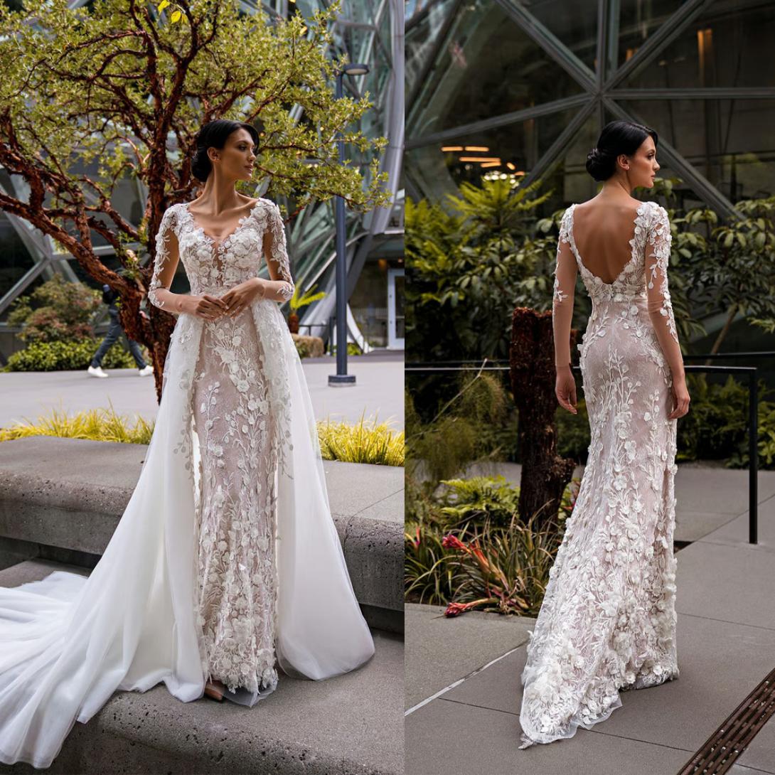 Vintage A Line Wedding Dress For Women Jewel Neck Long Sleeves Bridal Gown 3D Appliques Detachable Train Dresses Custom Made vestidos de novia