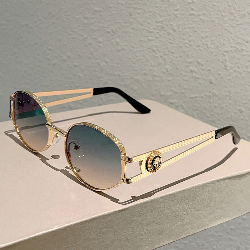 Luxury Brand Designer Sunglasses Vintage Old Money Gold Oval Large Frame Face Slimming European And American Style Hollow Coin Decoration Sunglasses