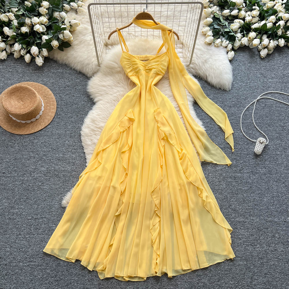 Fairy holiday style dress 2026 summer French temperament streamer waist thin irregular chiffon suspender skirt