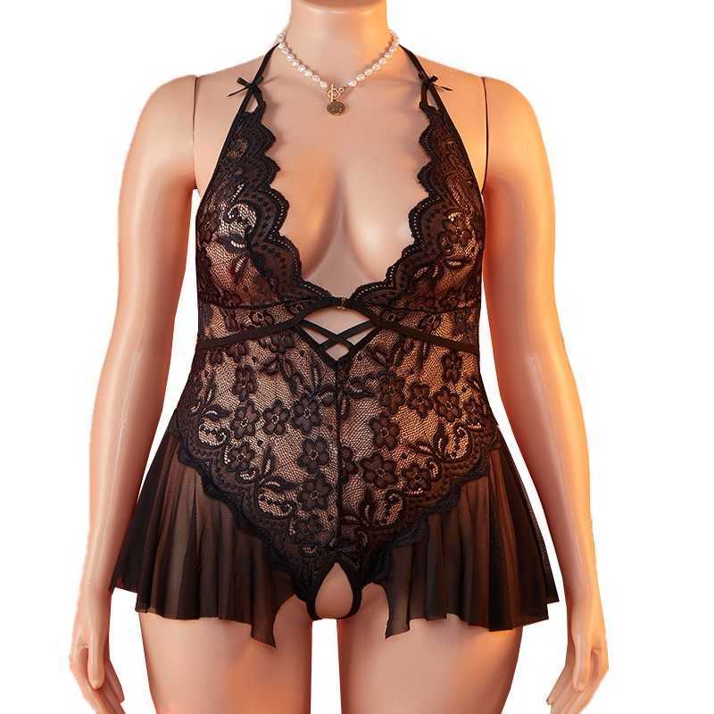 Size Plus HangNeck Strap Sexy Hollow Out Women One-piece Crotchless Underwear Set See Through Lace Exotic Bodysuit Lingerie D260625