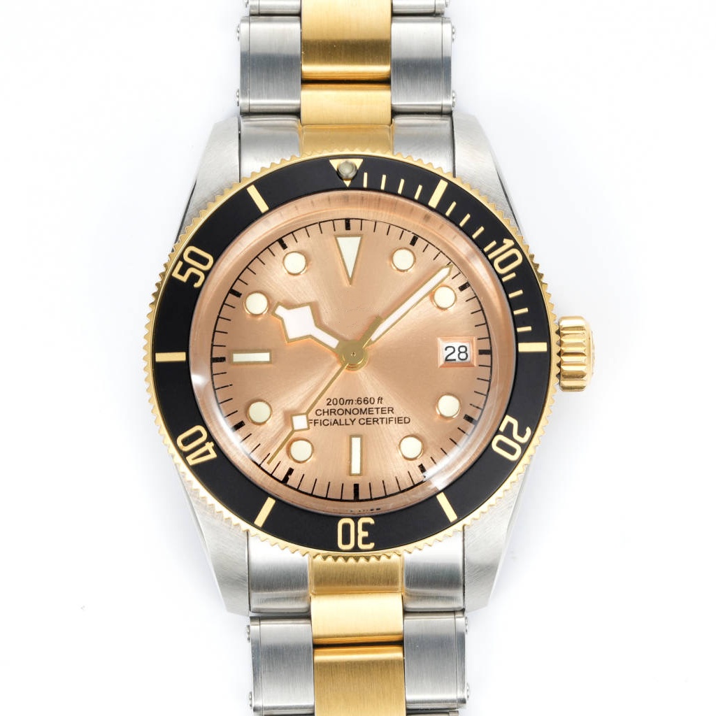 Rose Gold Stainless Steel Dive Watch, Black Ceramic Bezel Snowflake Luminous Dial Automatic Mechanical Men Wristwatch 200M Waterproof Sport Chronome