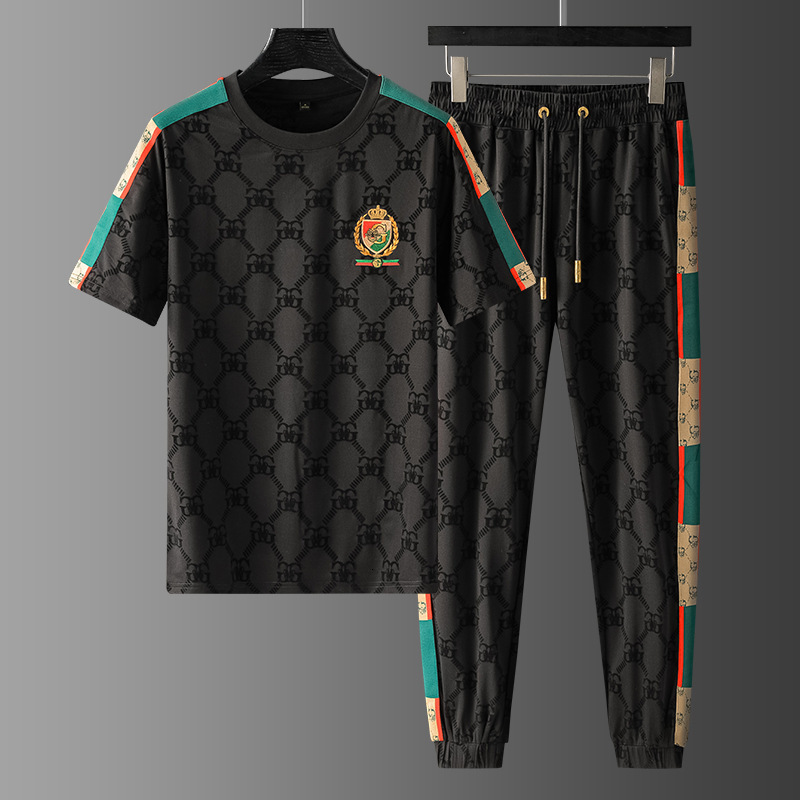 Summer Stylish Loose Casual Sports T-Shirt Short-Sleeve Long Pants Men's Two-Piece Ice Silk Set Trendy And Unique Round Neck