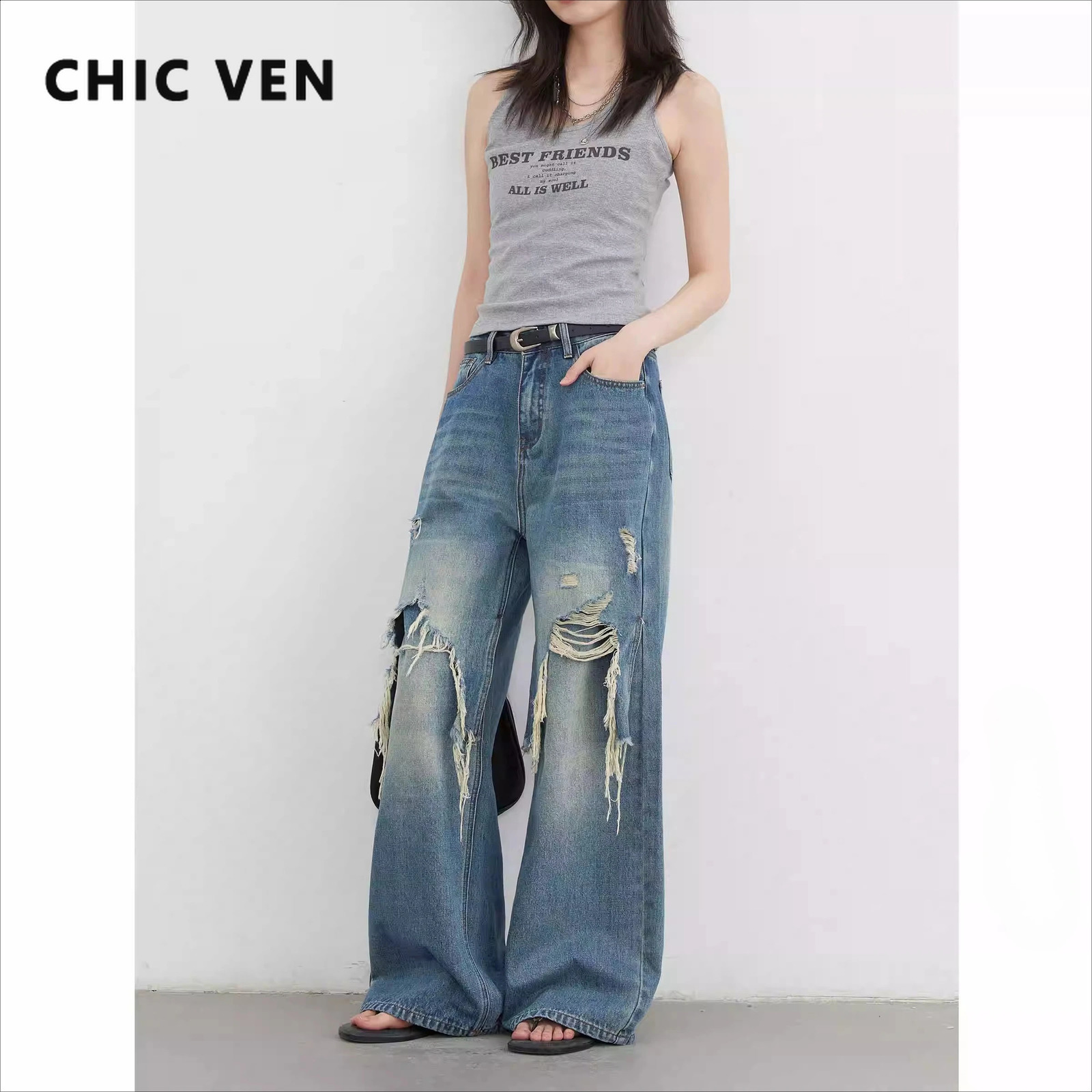 CHIC VEN Women Jeans Loose Casual High Waisted Wide Leg Ripped Rough Edge Denim Pants Female Trousers Spring Autumn 2025 260615