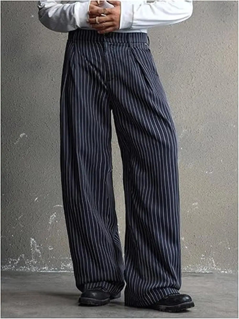 Mens Baggy Dress Pants Striped Pleated Straight Leg Zipper Casual Office Trousers With Pockets Slacks For Men Vintage Wedding 260618