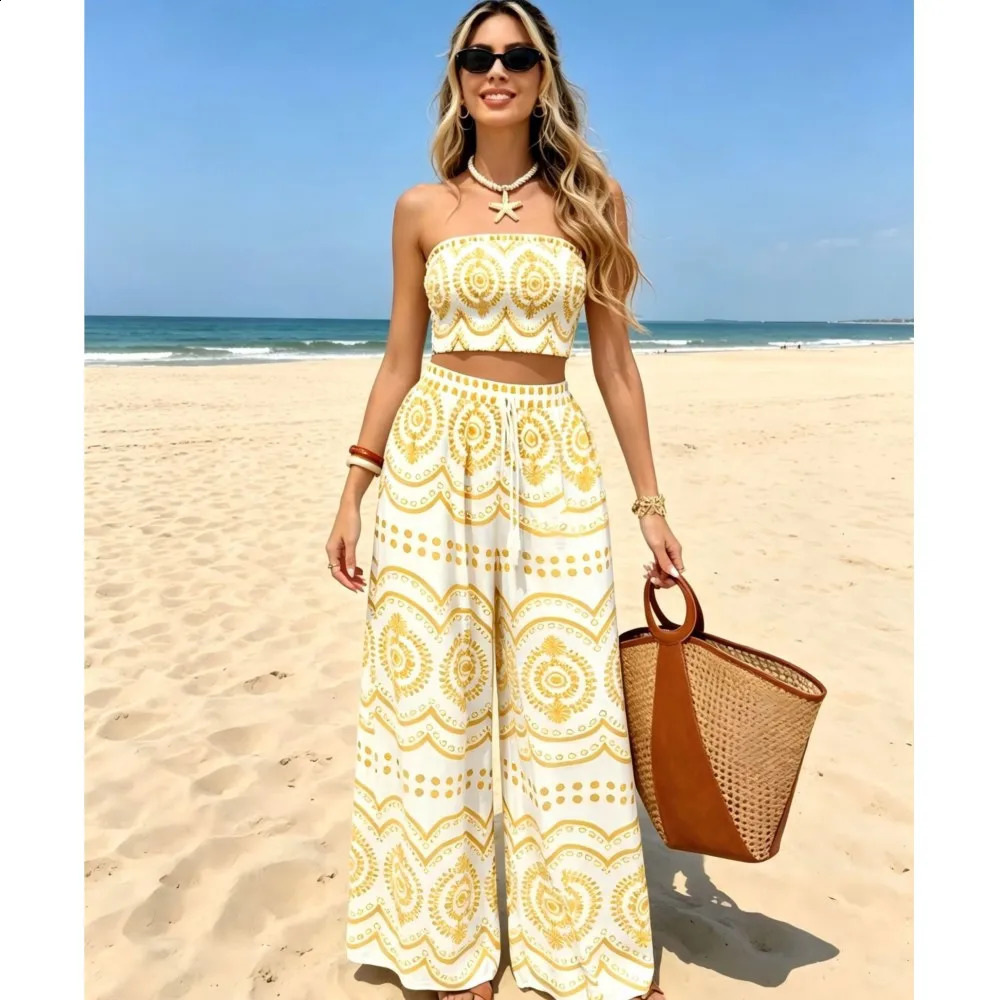 Summer Womens Bohemian Printed Tube Top Trousers 2piece Set Sexy Short Loose Wide Leg Female Vacation 260625
