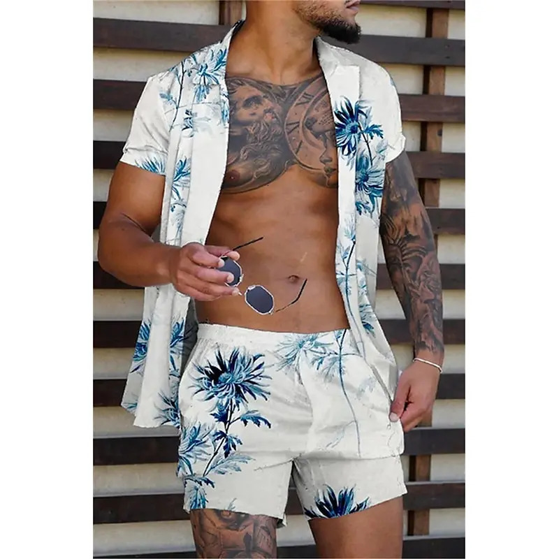 Mens Shirt Set Funny 3D Flower Pattern Print Shorts 2 Piece Hawaiian Beach Vacation Streetwear Summer Casual Outfit Suit 260624