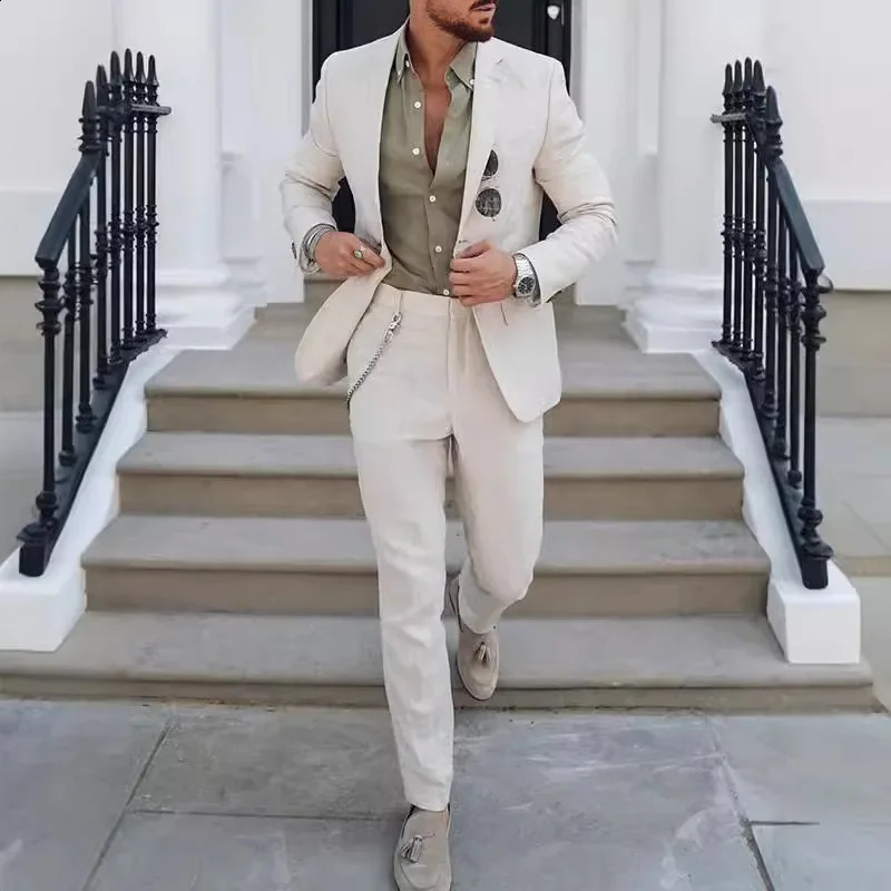 Fashion Mens Plus Size 2 Piece Suit Sets Casual Business Trendy Solid Color Single Button Blazers Trousers Male Clothes 260624BJ