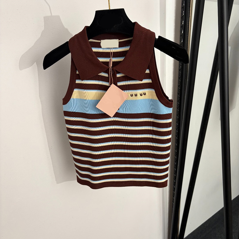 Women Chic Striped Tops Polo Collar Sleeveless Bodycon Knit Dress Preppy Casual Cami Top 2 Colors for Women
