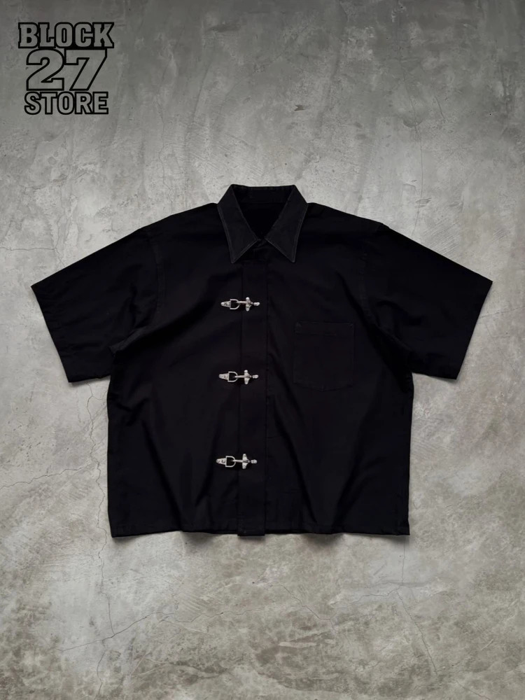 Mens Polo Shirt Harajuku American Vintage Streetwear Solid Color Buckle Detail Dark Style Short Sleeve Summer Casual Fashion 260624