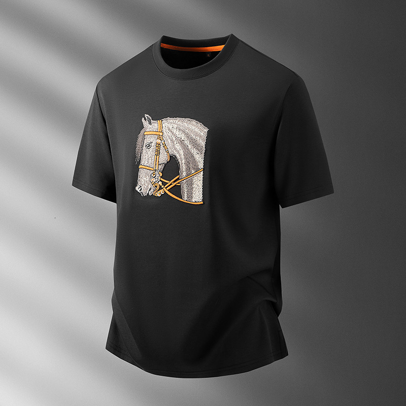 Men Casual Short Sleeve Crew Neck Shirt Breathable Ice Silk Vivid Warhorse Embroidery Loose Cut Multi Solid Colors Light Luxury Summer Basic Tee