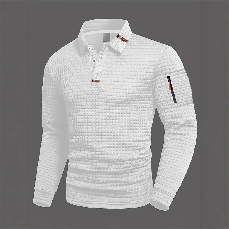 Mens long-sleeved polo shirt available in 5 colors suitable for spring and autumn White collar button n zipper detail 260623