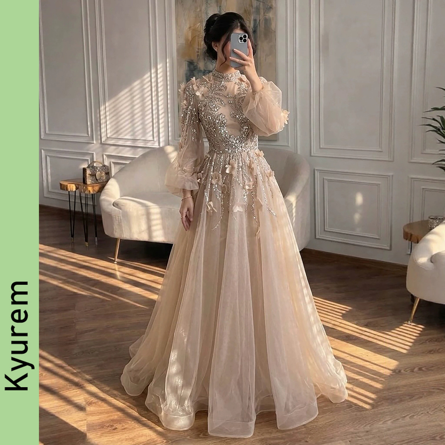 Luxurious Nude Crystal Beading 3D Floral A Line Evening Dresses Gowns For Party Prom gowns Custom Made color/size Robe De Soiree