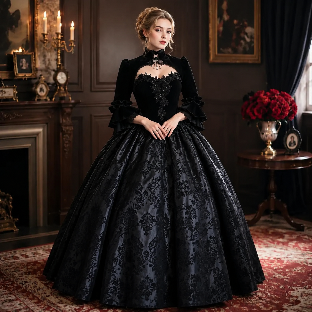 Gothic Black Velvet Victorian Prom Dress With Jacket High Neck Jacquard Ball Gown Long Sleeve Formal Evening Gowns Halloween Masquerade Costume