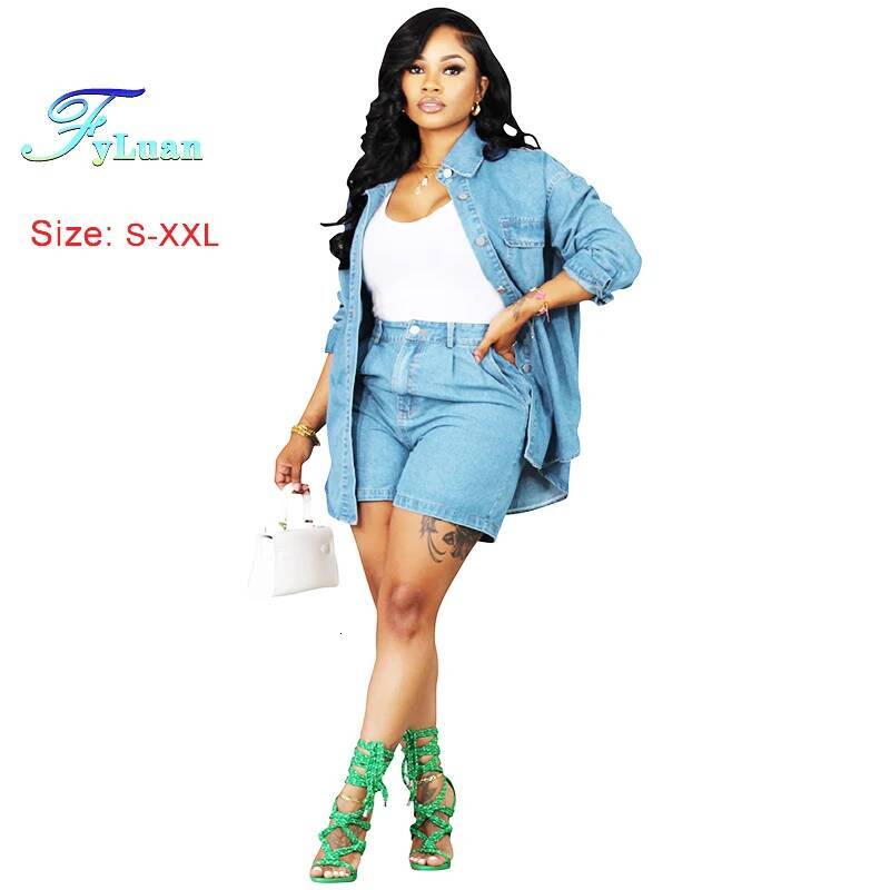 Fashion Women Short Jeans Casual Long Sleeve Turn Down Collar Denim Jacket And Shorts Two Piece Set Daily Travel Sets