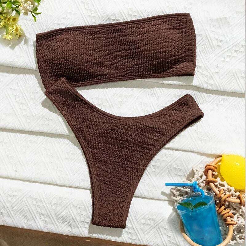 Sexy Ribbed Coffee Bandeau Bikinis Sets Two Pieces High Waist Thong Swimsuit Bathing Suit Swimwear Biquini Bakini Trikini 26Y0625