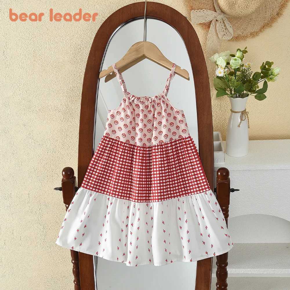Bear Leader Korean Version Sweet and Cute Girls Clothing Suspender Printed Checkered Patchwork Dress New Summer Kids Clothes Y260625AZ1Q