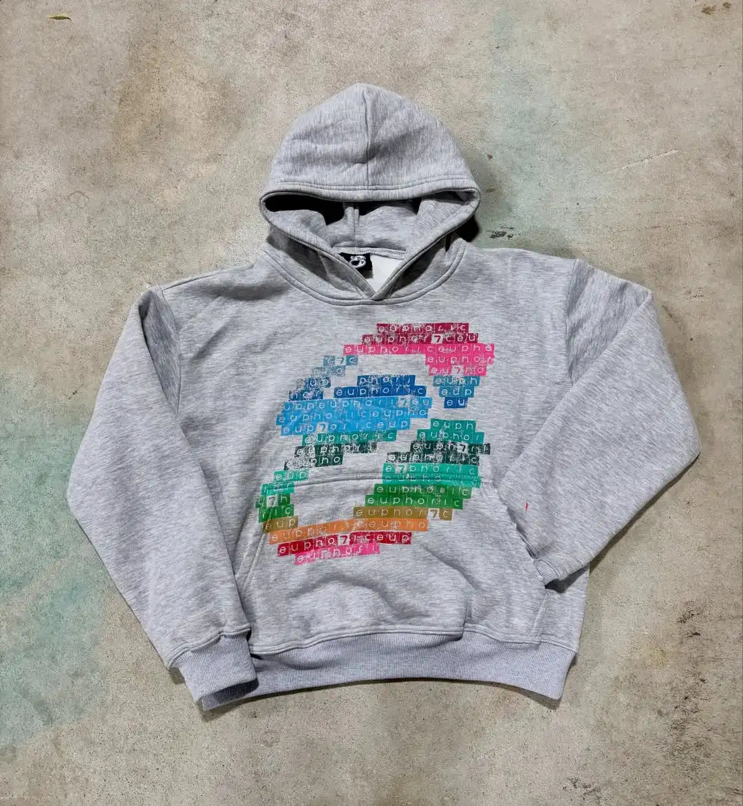 Uomo Donna Felpa con cappuccio grafica con lettera euforica grigia Stampa tipografica colorata Oversize morbido streetwear Y2K Retro per l'uso quoti