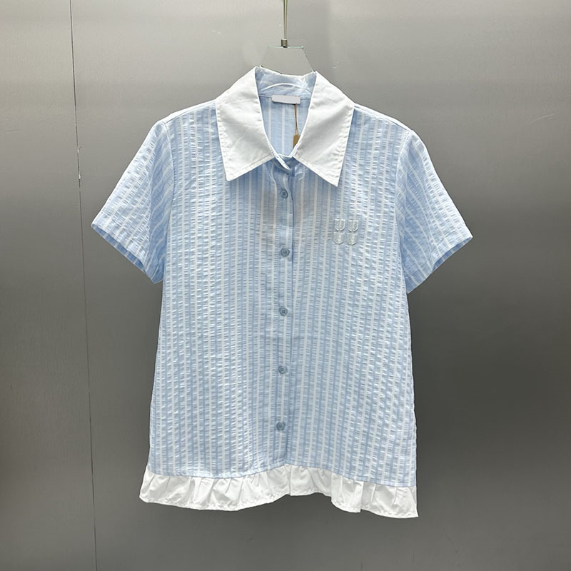 Women Striped Blouse Contrast Peter Pan Collar Ruffle Hem Shirts Oversize Long Sleeve Tops for Women Outing Sun Protection