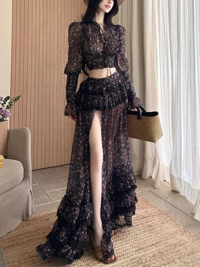 Summer Floral Sheer Chiffon Lace 2 Piece Set Women Ruffle Tiered Split Hem Blouse Maxi Skirt Y2k Vintage Seaside Party Outfits 260625