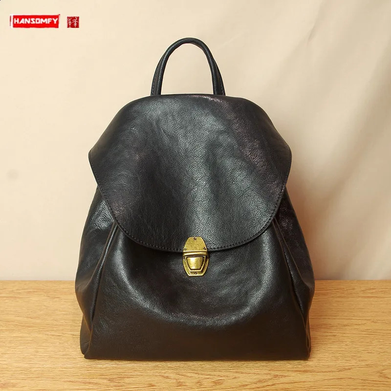 Original simple Cowhide leather womens backpack shoulder bag ladies school 2024 retro soft black Hasp backpacks 260615
