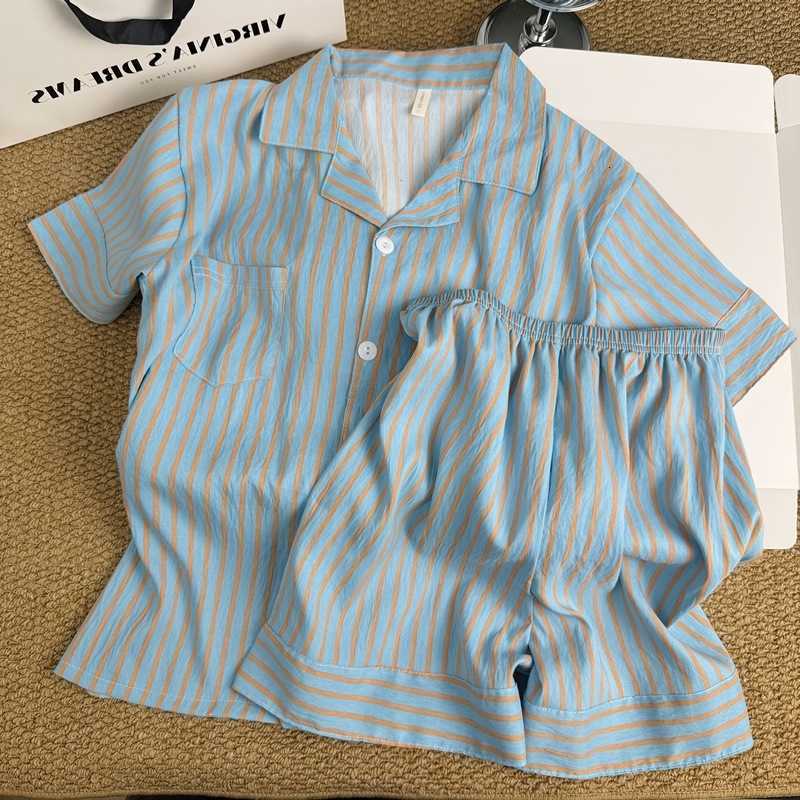 Simple Color-Block Striped Pajamas Korean-Style for Women New Summer Loose Lazy Short-Sleeve and Shorts Homewear Two-Piece Set M260625