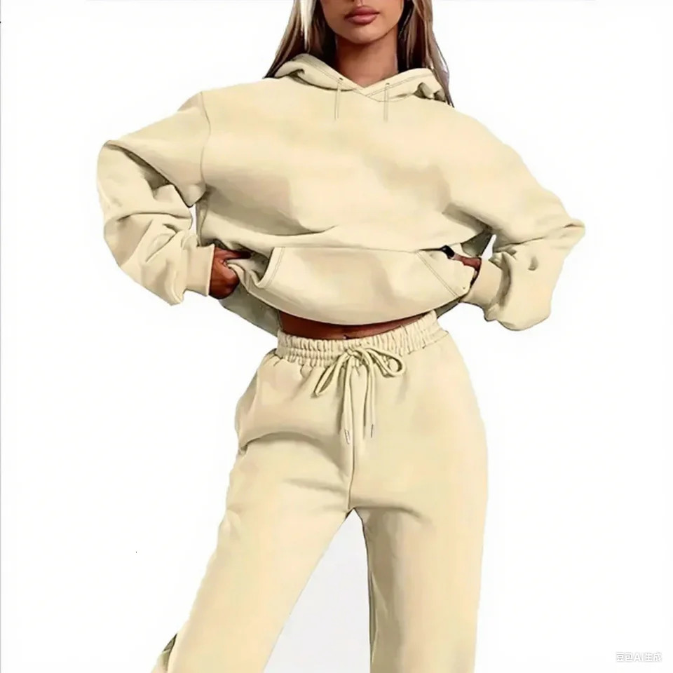 Winter Tracksuit Women Two Piece Set - Oversized Hoodie Sweatpants Solid Color Sportswear Suit Casual Sweatshirt Trouser Set 260624