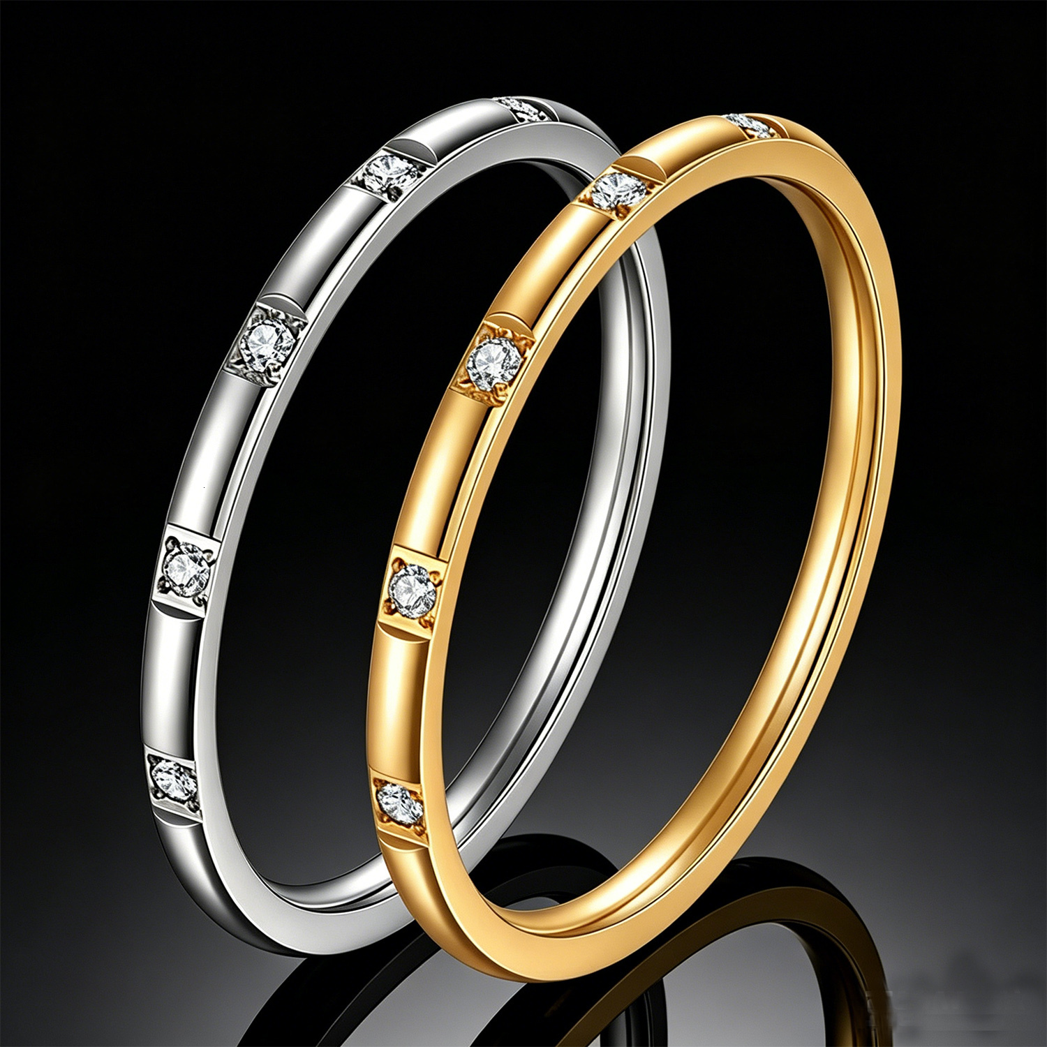 New In 15MM Stainless Steel Thin Ring Prong Six Cubic Zircon Stones 18k Gold Plated Simple Stylish Versatile Womens Finger Ring Jewelry Accessory Bi