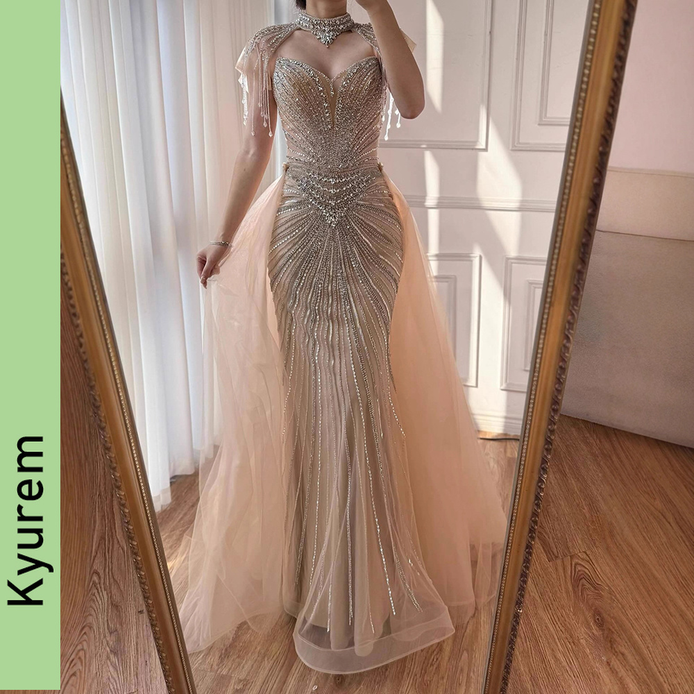 Serene Custom made Luxury Mermaid Evening Dresses with Removable Overskirt Beading Tassel Gowns Robe De Soiree