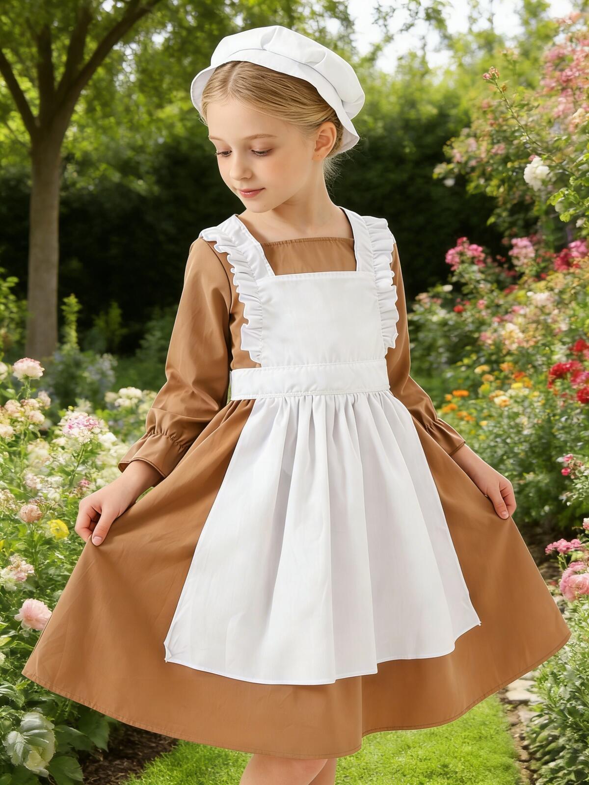 Vestido de manga larga para niños, color marrón café, con delantal blanco, gorro, sombrero, conjunto de 3 piezas, traje de sirvienta vintage, disfra